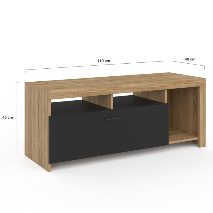Meuble TV 110 cm MALO bois et placard noir