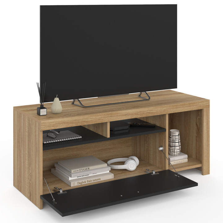 Meuble TV 110 cm MALO bois et placard noir