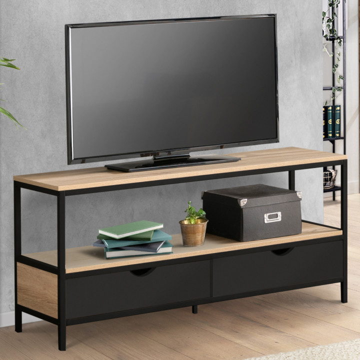 Meuble TV 113 cm BOSTON 2 tiroirs noirs design industriel