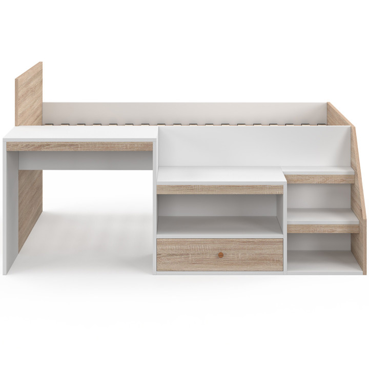 LEOPOLD 90 x 190 cm beuken en wit combinatiebed met lattenbodem, bureau en opbergruimte