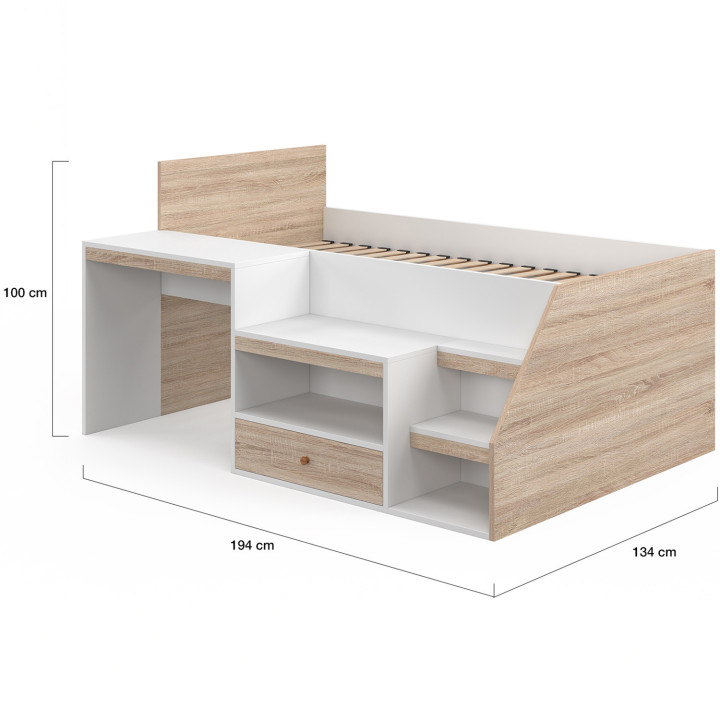 LEOPOLD 90 x 190 cm cama combinada en haya y blanco con somier, escritorio y espacio de almacenamiento