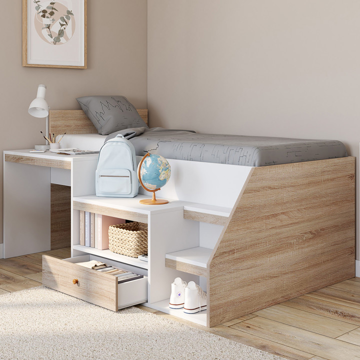 Kombibett mit Lattenrost, Schreibtisch und Stauraum LEOPOLD 90 x 190 cm Buche und Weiß