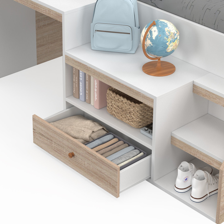 Kombibett mit Lattenrost, Schreibtisch und Stauraum LEOPOLD 90 x 190 cm Buche und Weiß