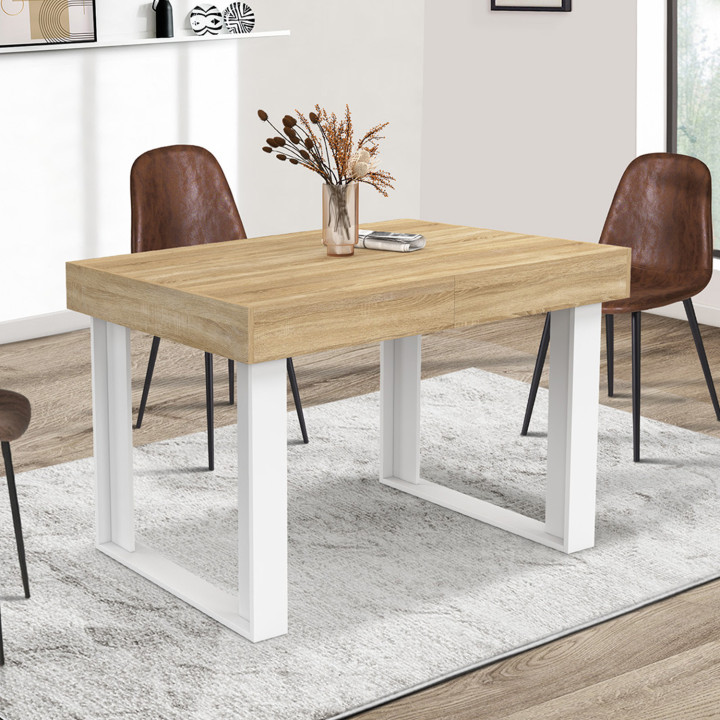 Table à manger extensible rectangle PHOENIX 4-6 personnes bois et blanc 120-160 cm