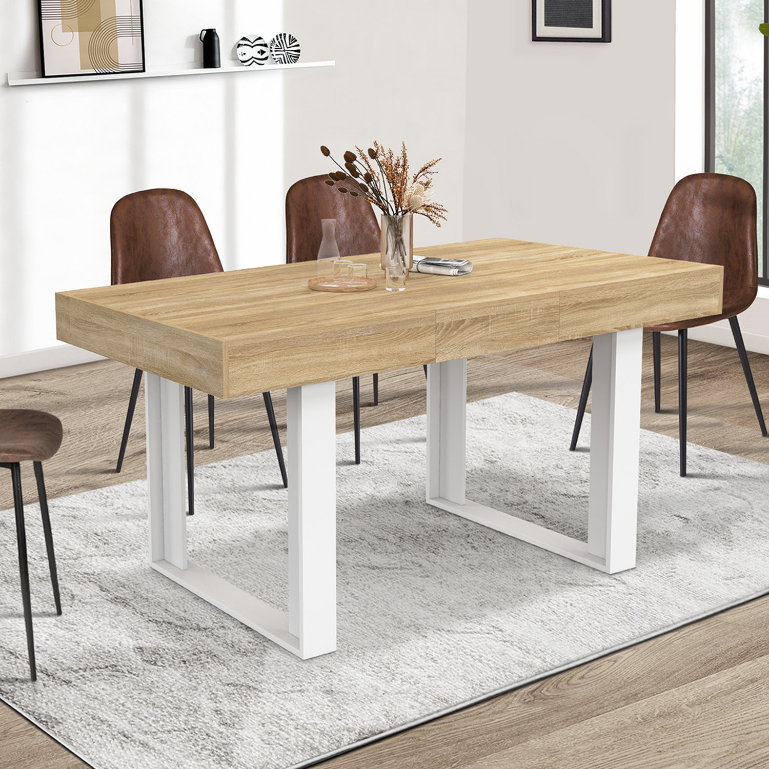 Table à manger extensible rectangle 4-6 personnes bois et blanc 120-160 cm