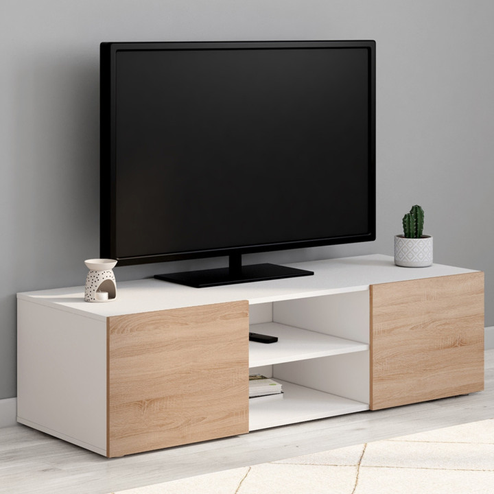 Mueble de TV blanco barato con puertas efecto haya - ELI | ID Market