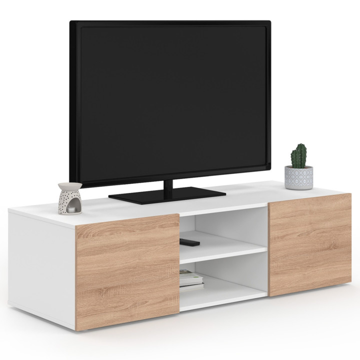 Meuble TV 113 cm ELI blanc portes façon hêtre