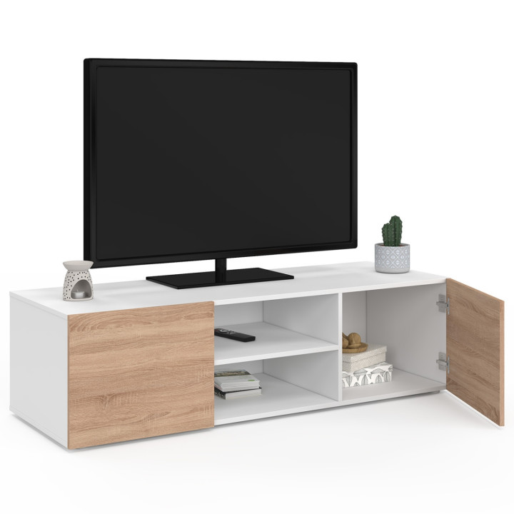 Mueble de TV blanco barato con puertas efecto haya - ELI | ID Market
