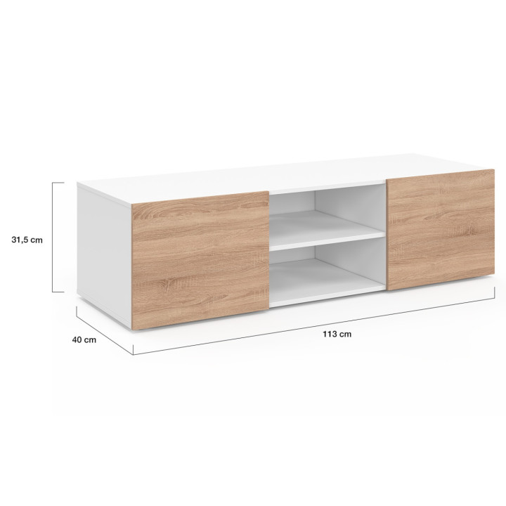 Meuble TV 113 cm ELI blanc portes façon hêtre