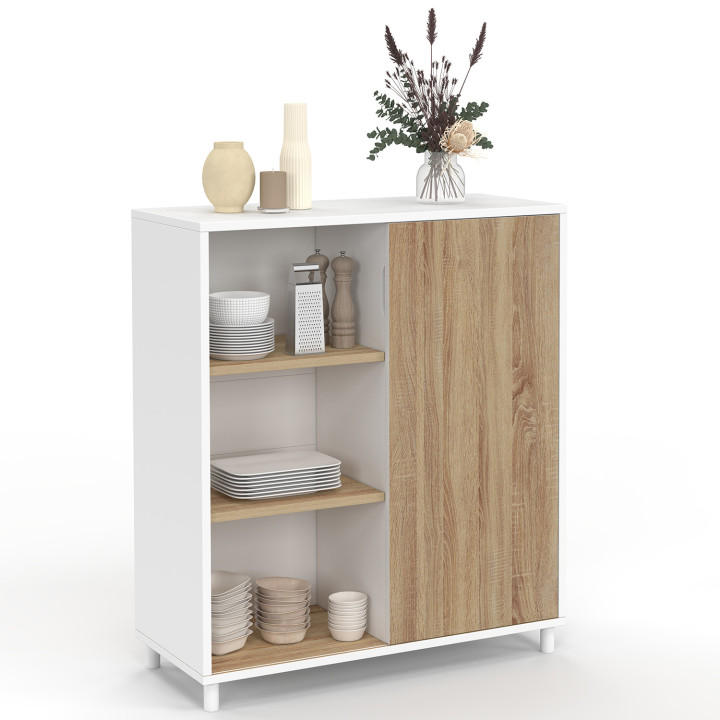 EASY 70 cm dressoir - eenvoudig te monteren zonder gereedschap - 3 legplanken en 1 omkeerbare schuifdeur in wit en hout