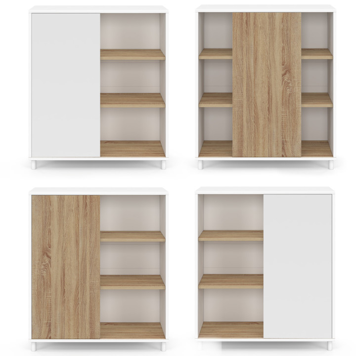 Credenza EASY 70 cm - facile da montare senza attrezzi - 3 ripiani e 1 anta scorrevole reversibile in bianco e legno