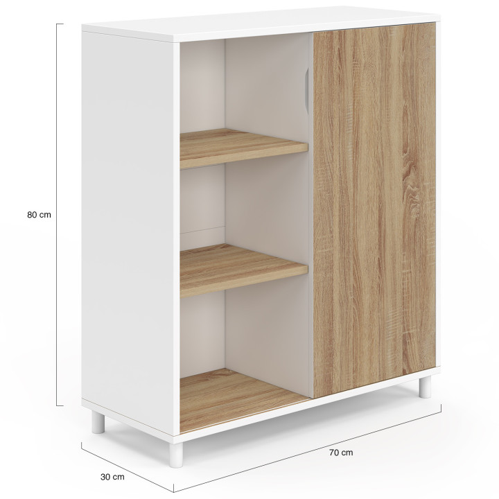 Buffet d'appoint 70 cm EASY montage facile sans outils 3 étagères et 1 portes coulissante réversible blanc et bois