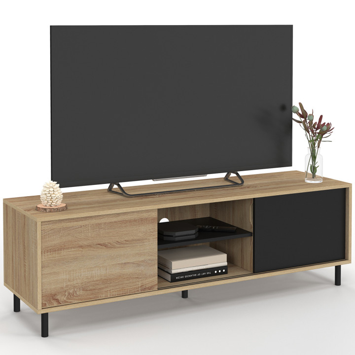 140 cm EASY TV-meubel, zonder gereedschap te monteren, 2 omkeerbare schuifdeuren, hout en zwart effect