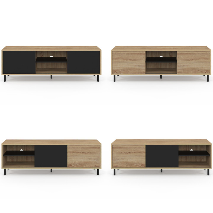 Soporte de TV EASY de 140 cm, montaje sin herramientas, 2 puertas correderas reversibles, efecto madera y negro