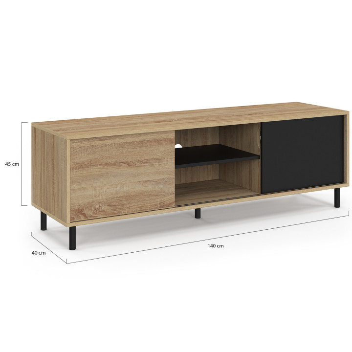 Soporte de TV EASY de 140 cm, montaje sin herramientas, 2 puertas correderas reversibles, efecto madera y negro