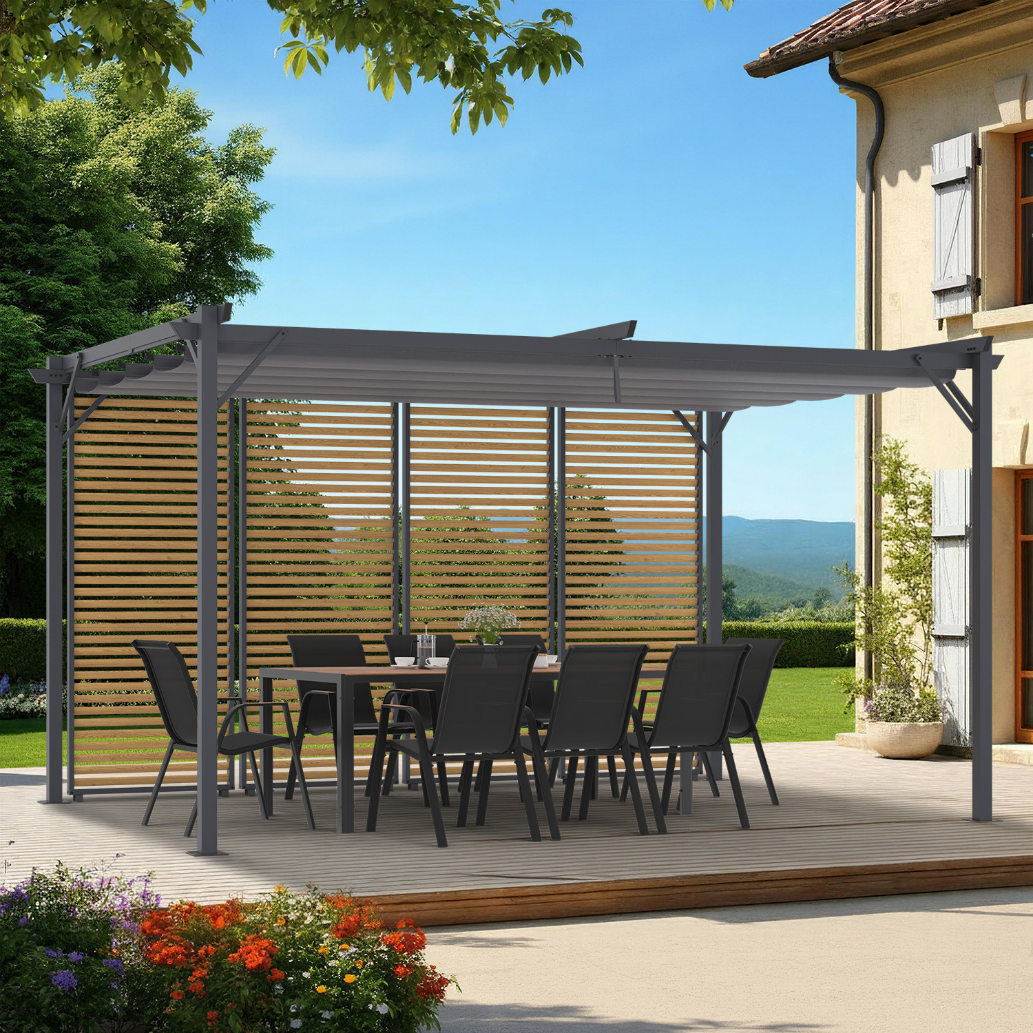 Pergola édition collector persiennes horizontales effet bois et toit rétractable 3x4M 4 pans modulables gris anthracite