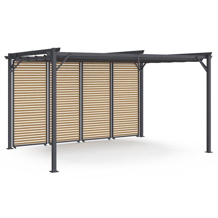Pergola da collezione con lamelle orizzontali e tetto retrattile effetto legno 3x4M 4 sezioni modulari grigio antracite