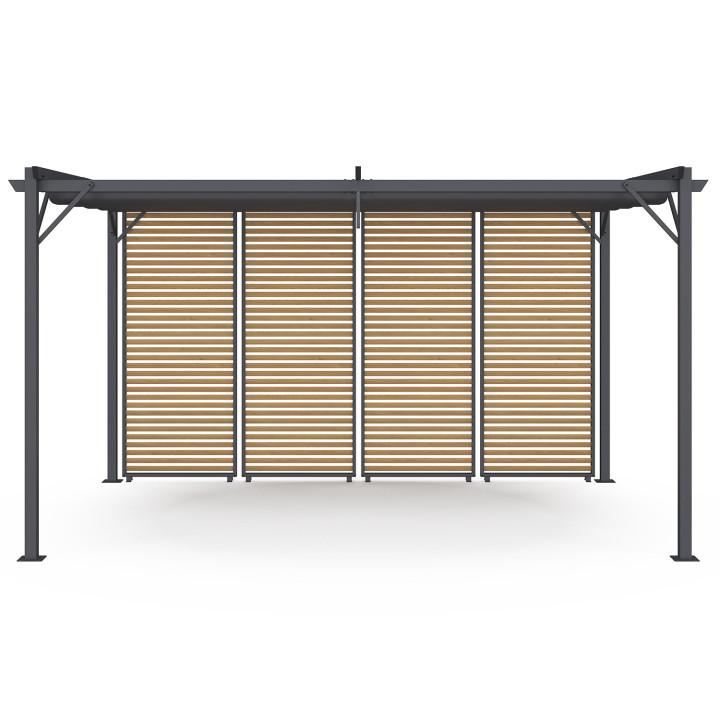 Pergola da collezione con lamelle orizzontali e tetto retrattile effetto legno 3x4M 4 sezioni modulari grigio antracite