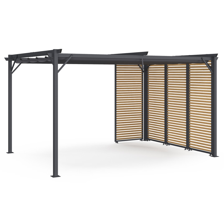 Pergola collector's edition horizontale lamellen met houteffect en oprolbaar dak 3x4M 4 modulaire secties antracietgrijs