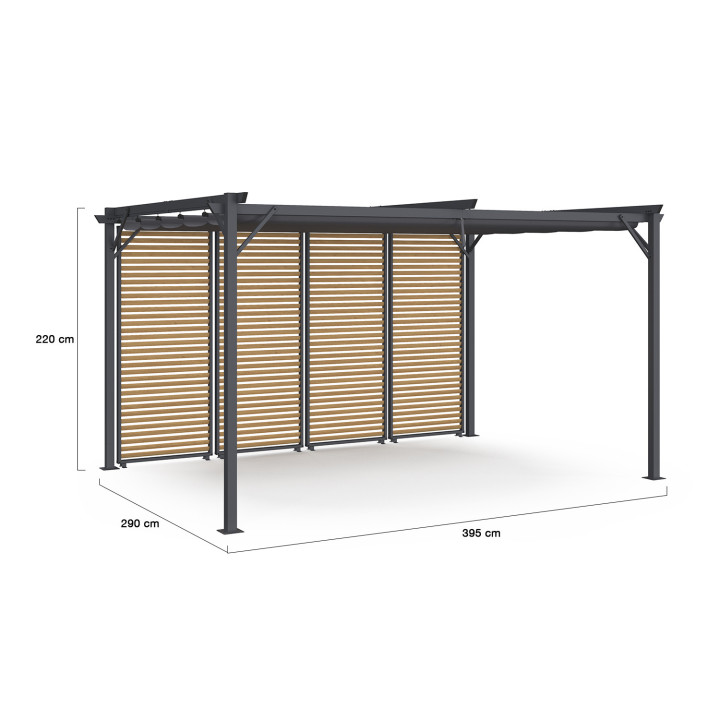 Pérgola edición coleccionista lamas horizontales efecto madera y techo escamoteable 3x4M 4 secciones modular gris antracita