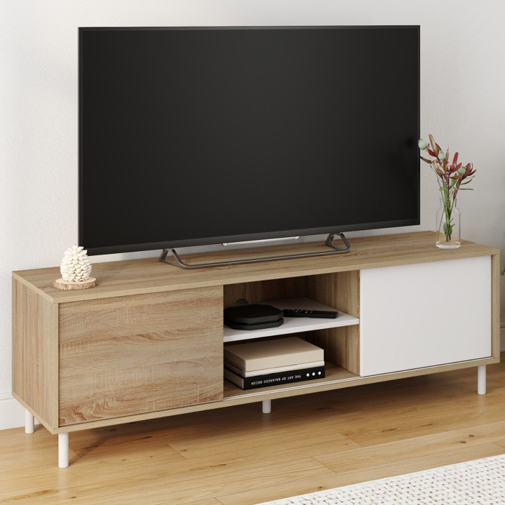 140 cm Mobile TV EASY, montaggio senza attrezzi, 2 ante scorrevoli reversibili, effetto legno e bianco