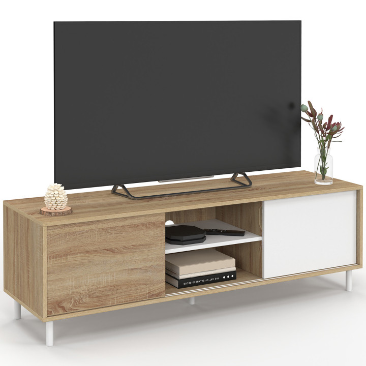 Mueble TV EASY 140 cm, montaje sin herramientas, 2 puertas correderas reversibles, efecto madera y blanco