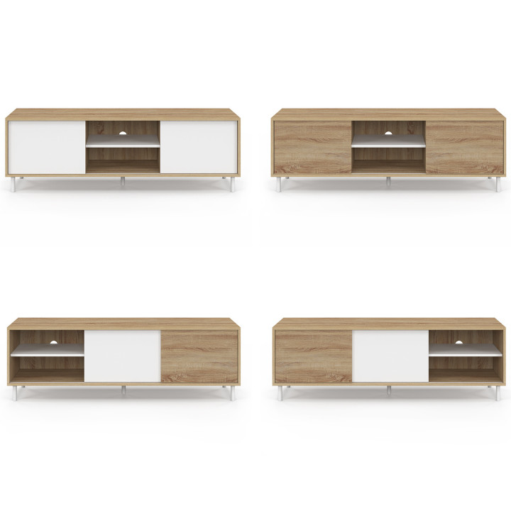 140 cm Mobile TV EASY, montaggio senza attrezzi, 2 ante scorrevoli reversibili, effetto legno e bianco