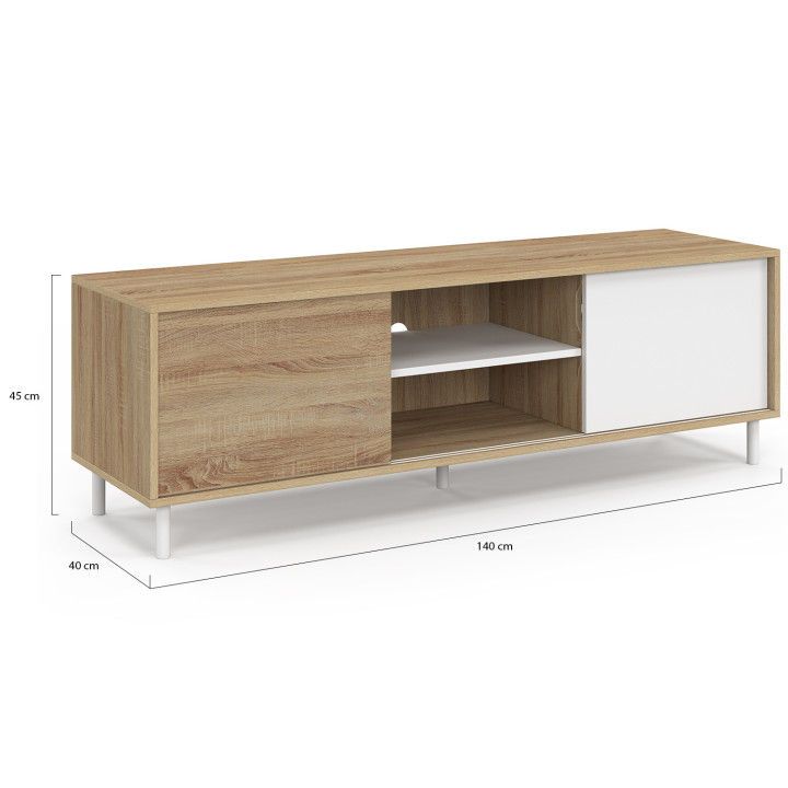 Mueble TV EASY 140 cm, montaje sin herramientas, 2 puertas correderas reversibles, efecto madera y blanco