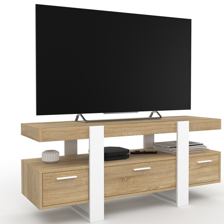 Meuble TV 116 cm PHOENIX avec tiroirs bois et blanc