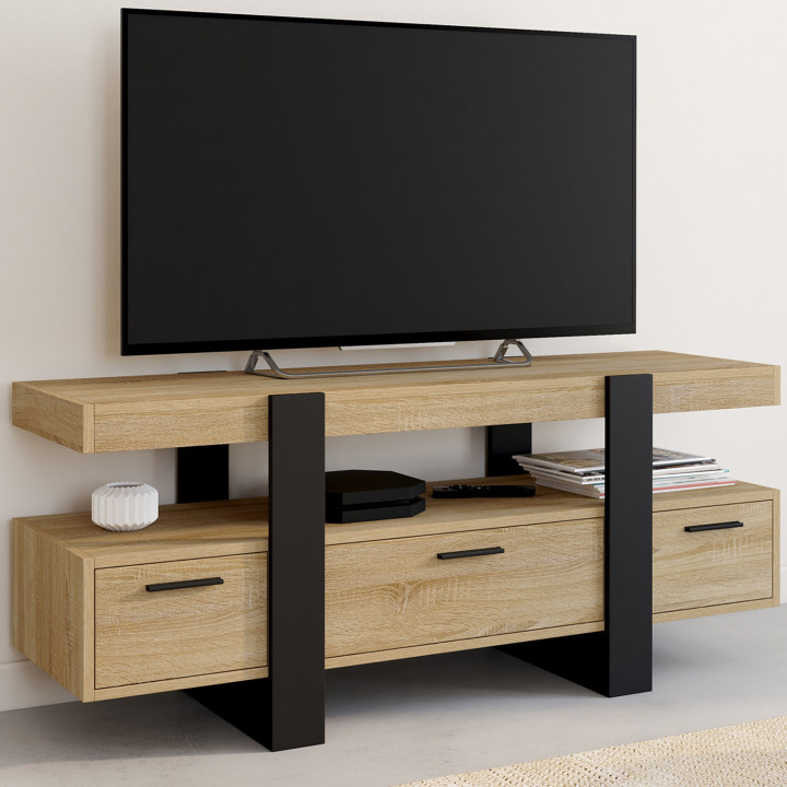 Günstiges TV-Möbel in Schwarz und Holz mit Schubladen - PHOENIX | ID Market