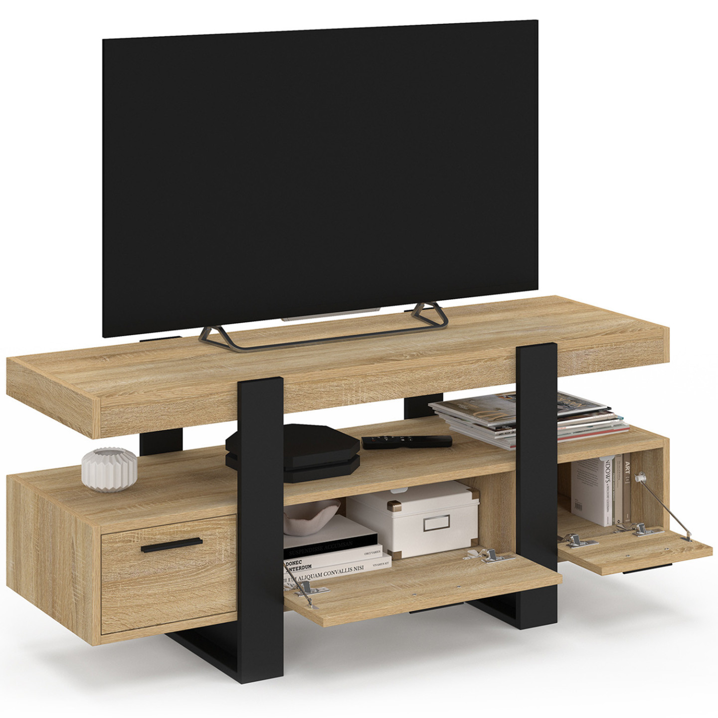 IDMarket Meuble TV Phoenix 140 Cm – Bois Et Noir – 2 Portes 2 Étagères – Design Loft Moderne XL