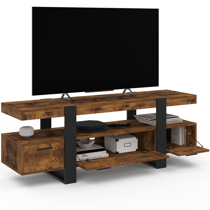 140 cm TV-meubel met verouderd hout en zwarte laden - PHOENIX | ID Market