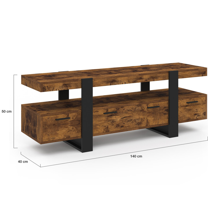Mueble de TV de 140 cm con madera envejecida y cajones negros - PHOENIX | ID Market