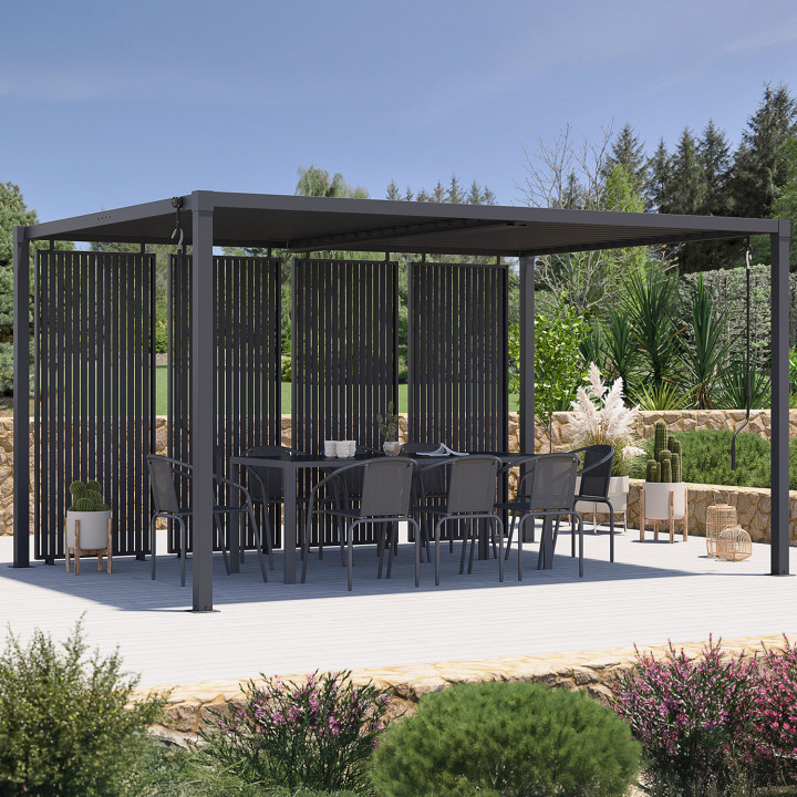 Pergola bioclimatica a lamelle orientabili in acciaio 3x4 M con tende verticali grigio antracite