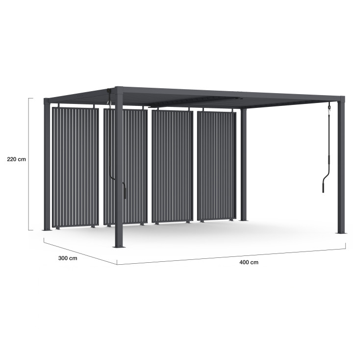 Pergola bioclimatica a lamelle orientabili in acciaio 3x4 M con tende verticali grigio antracite