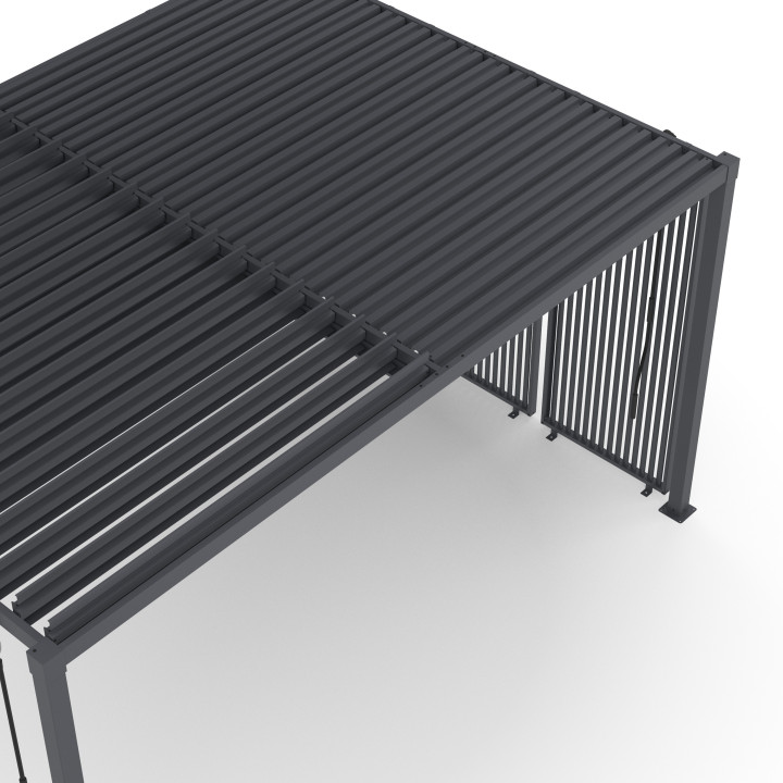 Pergola bioclimatica a lamelle orientabili in acciaio 3x4 M con tende verticali grigio antracite