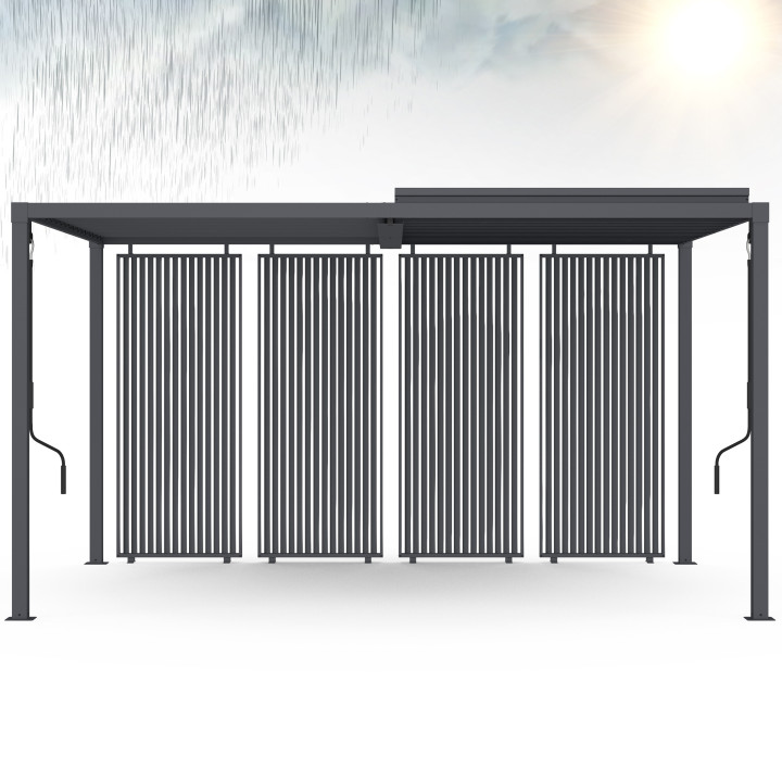 Pergola bioclimatica a lamelle orientabili in acciaio 3x4 M con tende verticali grigio antracite