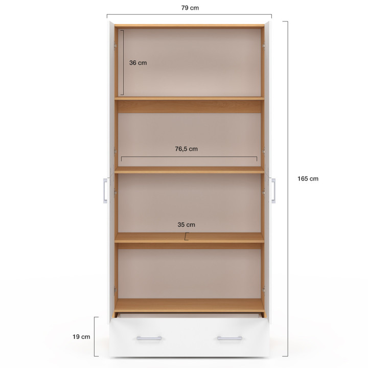 Armoire 2 portes JULIANA blanc et bois étagères 80 cm avec 1 tiroir