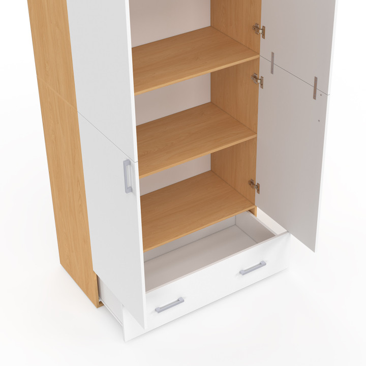 2-türiger Kleiderschrank JULIANA weiß und Holz Regale 80 cm mit 1 Schublade