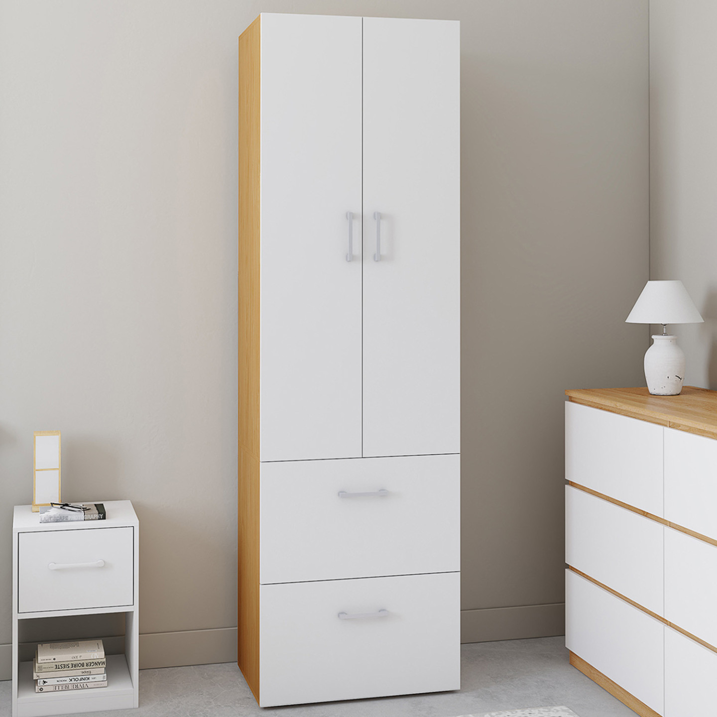 Schrank 2 Türen weiß und Holz Garderobe 50 cm mit 2 Schubladen - JULIANA