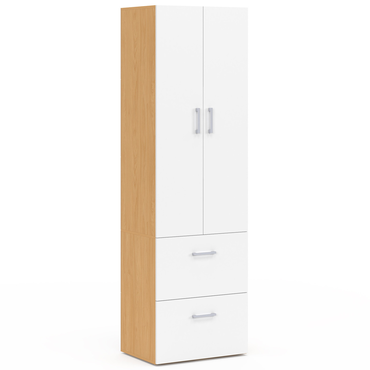 Schrank 2 Türen weiß und Holz Garderobe 50 cm mit 2 Schubladen - JULIANA