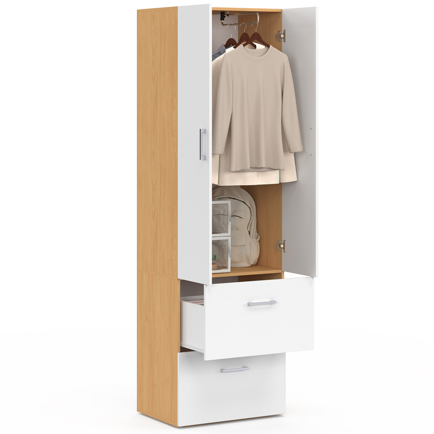 Schrank 2 Türen weiß und Holz Garderobe 50 cm mit 2 Schubladen - JULIANA