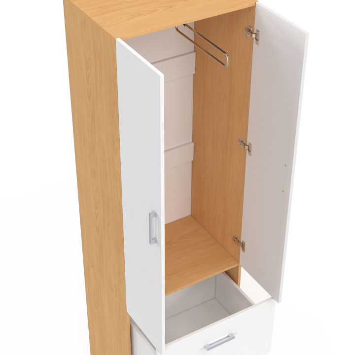 2-türiger Kleiderschrank JULIANA weiß und Holz Kleiderschrank 50 cm mit 2 Schubladen