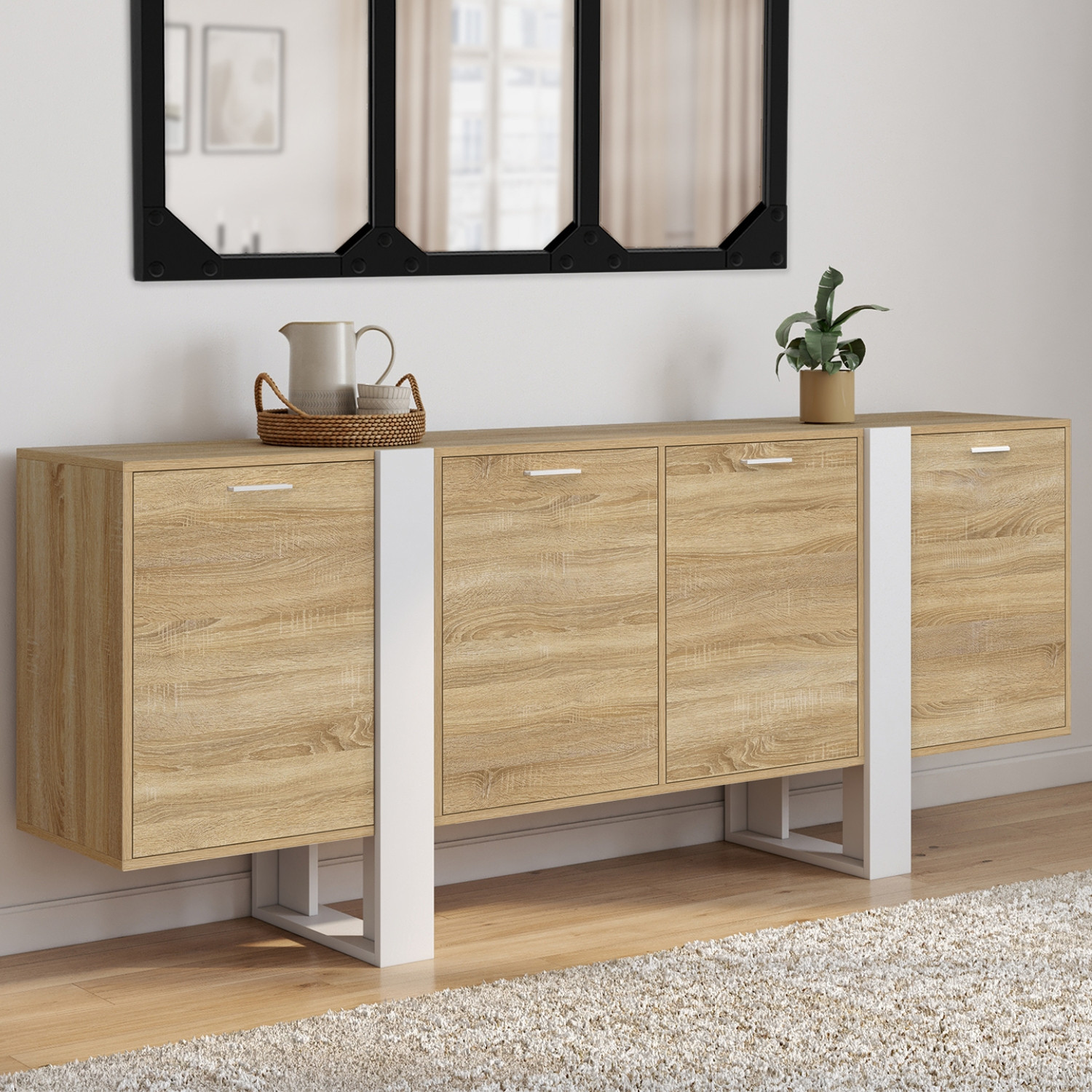 Buffet enfilade 200 cm 4 portes bois et blanc