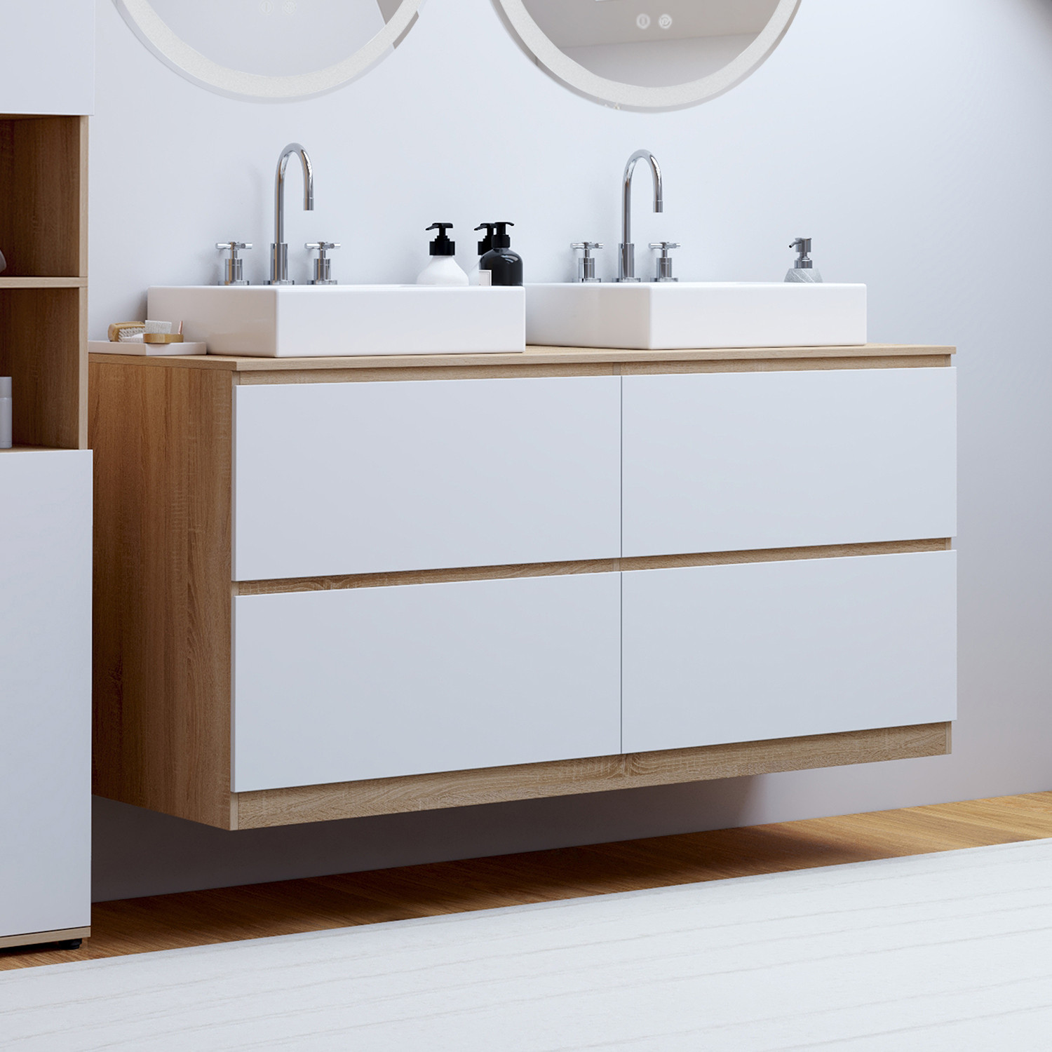 Meuble double vasque suspendu salle de bain 120 cm 4 tiroirs façon hêtre et blanc