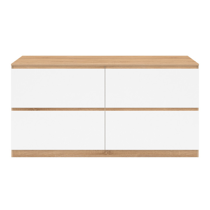 Meuble double vasque suspendu salle de bain TOMI 4 tiroirs façon hêtre et blanc