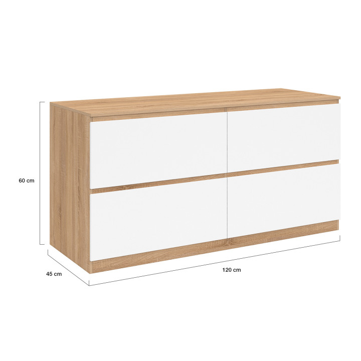 Dubbele wastafel TOMI 120 cm 4 laden beuken en wit afgewerkt