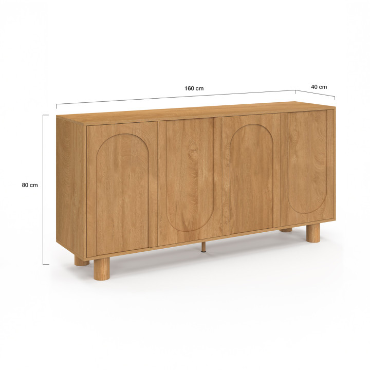 ARCHIE Aparador de 4 puertas de 160 cm con diseño de arco de madera imitación roble