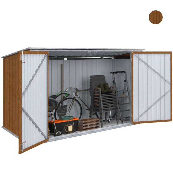 Abri de jardin en métal effet bois verrouillable multi-rangement pour stockage vélos, outils, poubelles