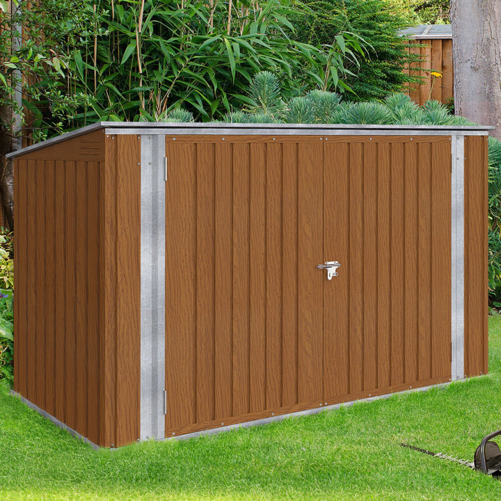 Abri de jardin en métal effet bois verrouillable multi-rangement pour stockage vélos, outils, poubelles
